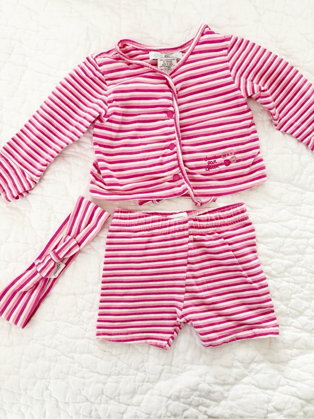 deux par deux Pink and White Striped matching Set with Headband 12m baby girl